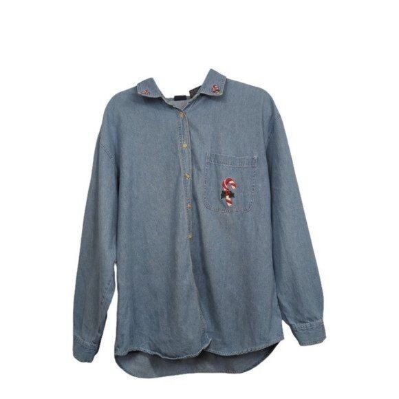 HONORS Tops - Vintage Denim Button-Up Christmas Shirt Large Candy Cane Embroidered Top